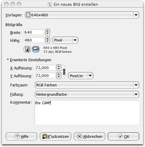 Der Dialog zum Erstellen eines neuen Bildes